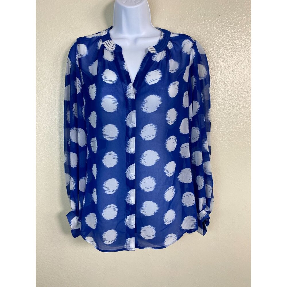 Chicos Blue White Sheer Polka Dot Button Up Blouse Size 6 Lightweight Boho Flowy